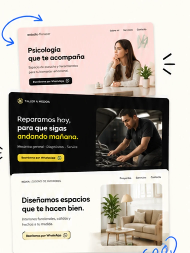 Tres ejemplos de páginas creadas para una psicóloga, un taller y un estudio de interiores